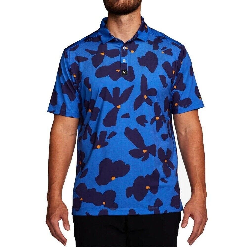 Bad Birdie Men's Golf Polo Shirt Floral‎ Print Short Sleeve Athletic Blue Size L
